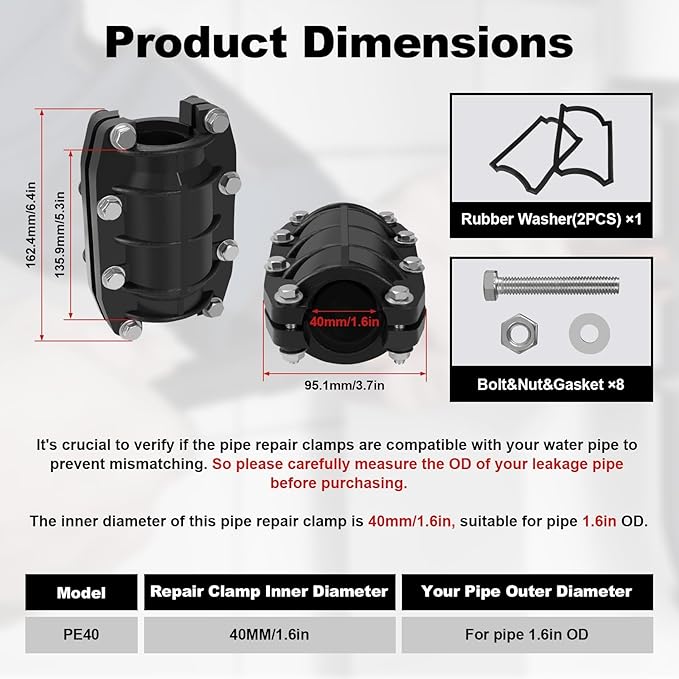 Pipe Repair Clamp 1-1/2 inch, Water Pipe Leak Repair Clamp, Pipe Repair Kit for Plastic and Metal Pipes, Leak Stopper with Anti-Impact, Suitable for Pipes 40 MM OD