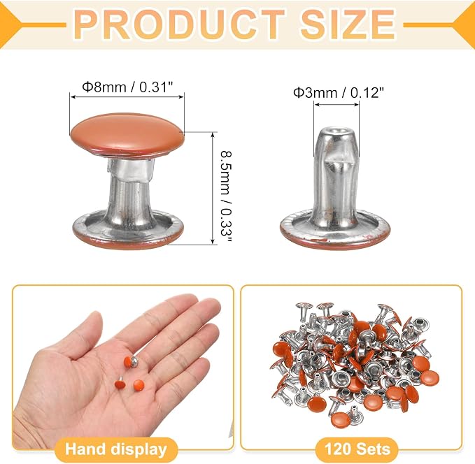 uxcell 120Set Leather Rivets, 8mm Double Cap Rivet Tubular Metal Studs Repairs Decoration Craft Accessories for Repair Decorate Leather Craft Belt Bag Shoes Purse Belts, Orange