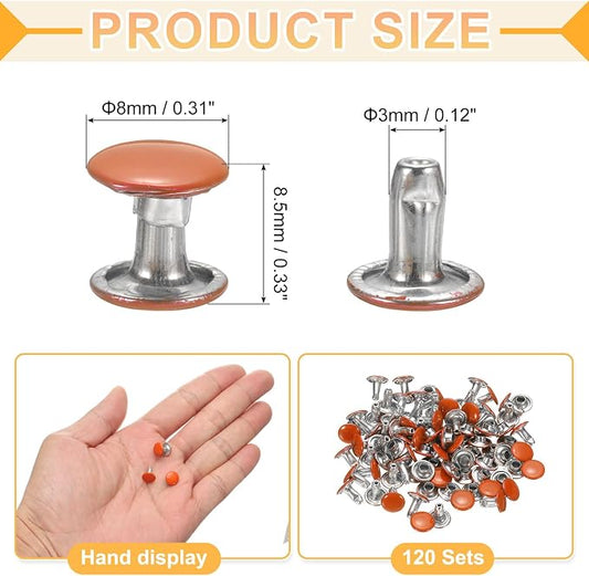 uxcell 120Set Leather Rivets, 8mm Double Cap Rivet Tubular Metal Studs Repairs Decoration Craft Accessories for Repair Decorate Leather Craft Belt Bag Shoes Purse Belts, Orange