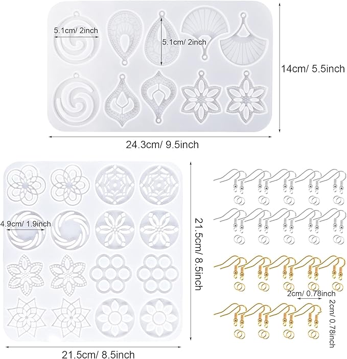 Resin Molds - 13 Pair Earring & Pendant Molds, Teardrop Flower Silicone Mould with Ear Hooks & Jump Rings for DIY Epoxy Resin Jewelry Making