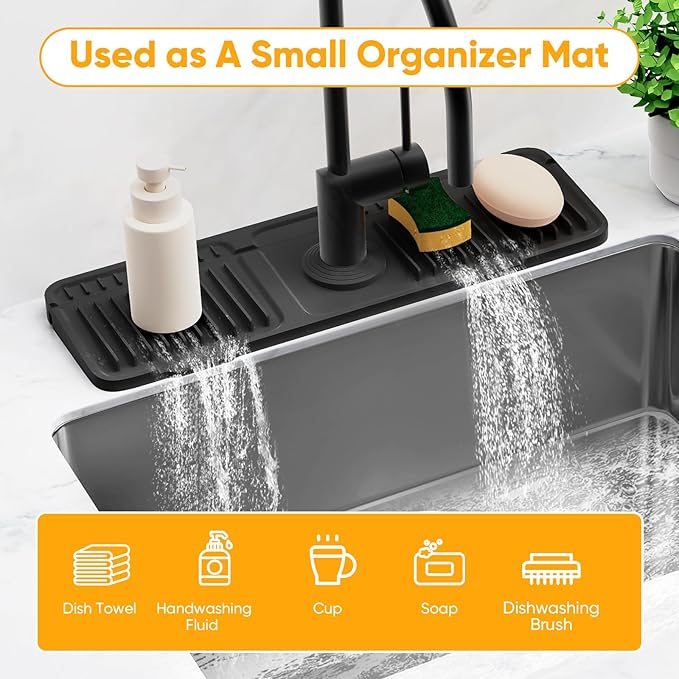 17.7'' Folding Faucet Mat for Kitchen Sink Splash Guard[7° Slope Fast Self-draining][Snap Lock Fit] Kitchen Sink Faucet Mat Splash Guard Kitchen Sink Area Water Splash Guard Behind Faucet Draining Mat