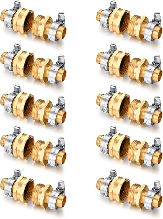 Garden Solid brass Hose Repair Connector with Clamps,Fit for Garden Hose Fitting,Male and Female Hose Fittings 10 Set (5/8"-10 Set)