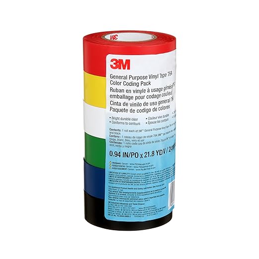 3M General Purpose Vinyl Tape 764, Color Coding Pack, 6 Roll per Pack, 0.94" x 21.8 yd, Great for Light Traffic Floor Marking Tape, Safety, and Bundling