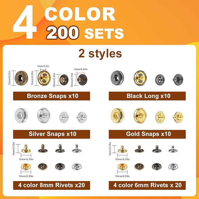 200 Sets Leather Snap Fasteners Kit – 40 Sets 15mm Snap Buttons and 160 Sets Double Cap Rivets（6mm & 8mm Height in 4 Colors with Press Pliers – for Leather Craft, Jeans, Jackets, Bags, DIY Repair