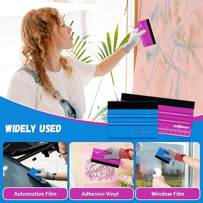 TECKWRAP Professional Squeegee for Vinyl, 20 PCS Plastic Felt Squeegee Tool Decals Inkjet Vinyl Sticker Paper, and Wallpaper Application Tools, 6 Inch Pitaya×10 & 4 Inch Blue×10