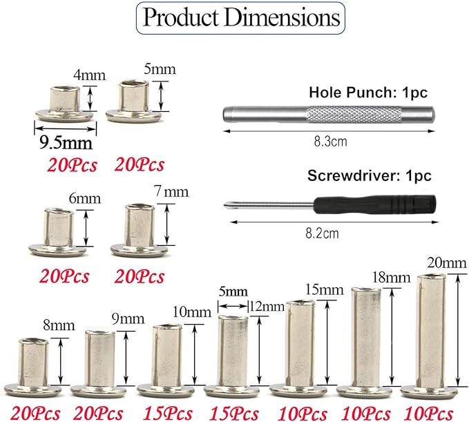 362 Pcs 11 Sizes M5 Silver Chicago Screws Leather Rivets with Punch and Screwdriver Assorted Kit,for Decorate and Repair Leather Craft Belt Bag Shoes Purse Bookbinding
