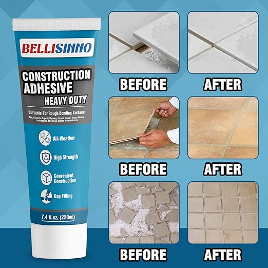 Construction Adhesive Heavy Duty, Cement Glue for Concrete, Floor, Wall, Stone, Wood and More, 14.8 Ounce Tile Squeeze Tube, Suitable for Rough Bonding Surface (220ml*2)