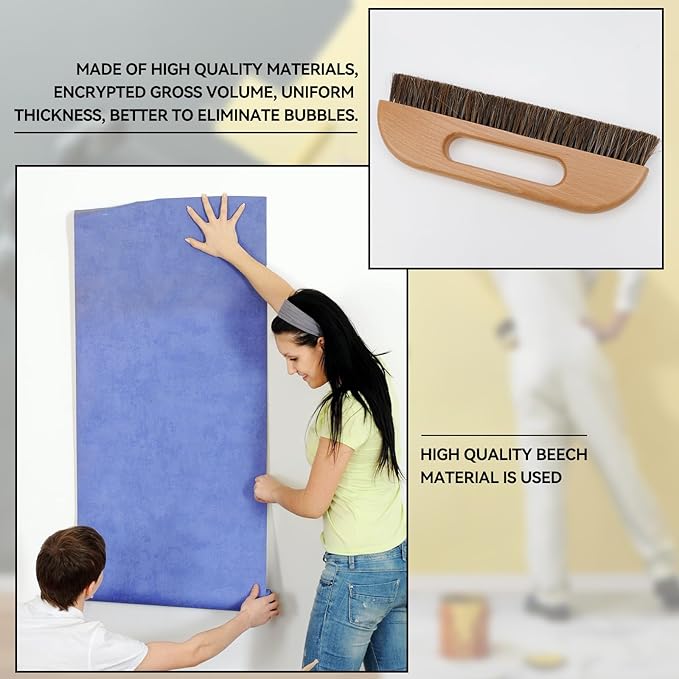 KUMGROT Wallpaper Smoothing Brush, 3-Rows Wallpaper Paste Hair Wallpapers Brush Tool Horse with Wood Handle for Wallpapering (W01)