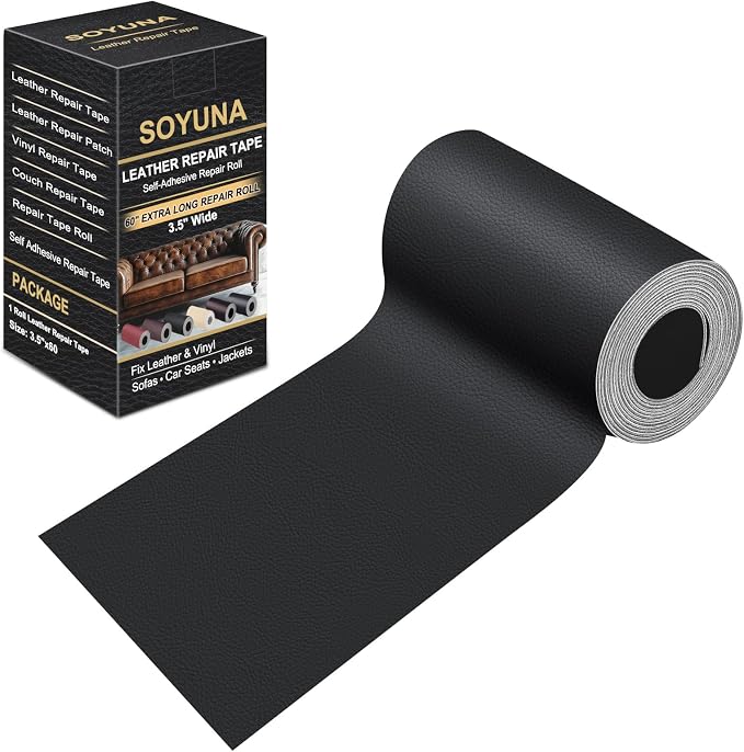 Self Adhesive Leather Repair Patch, Leather Patches for Furniture, Leather Repair Tape for Couch Sofa Car Seat Chair Furniture Repair, Leather Repair Kit (Black-Litchi Grain, 3.5X60 Inch)