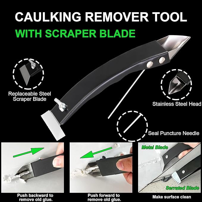Silicone Caulking Tool Kit, Stainless Steel Caulk Remover & Grout Removal Tool, Sealant Finishing Kit with 3 Glass Glue Angle Scrapers for Kitchen Bathroom Window Sink Tile Joint