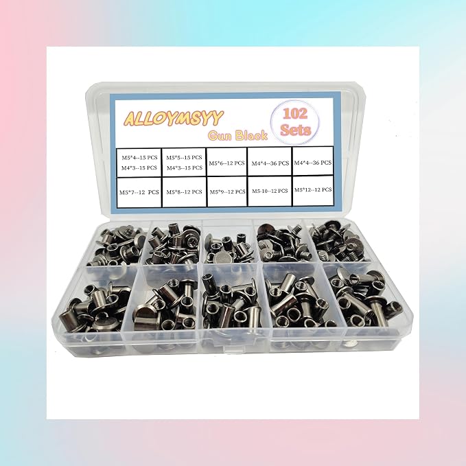 102 Sets Black Leather Rivets Set Screws Rivets M5 Chicago Binding Screws Adjust and Repair Leather Craft Belts, Bags, Shoes, Purse Bindings (M5 * 4.5.6.7.8.9.10.12).