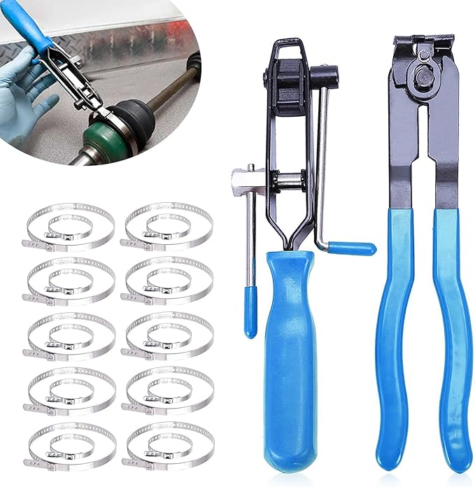 22Pcs CV Boot Clamp Pliers Set, CV Joint Ear Clamp Banding Tool, CV Axle Removal Tool, Automotive Hose Axle Plier, 2Pcs Ball Cage Dust Cover, 10 Sets of Adjustable Single Lug Ball Cage Clamps (Blue)