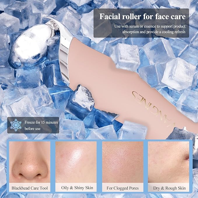 Blackhead Remover Tool with Ice Roller, Stainless Steel Face Scraper, Skin Scrubber Face Spatula for Deep Cleansing, 3-in-1 Skin Care Tool with 2 Silicone Brush Heads(Dusty Rose)