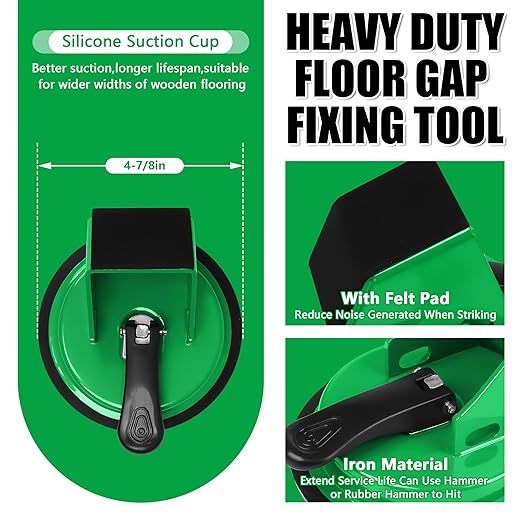 Floor Gap Fixer Tool 45°&90°Striking Surfaces Floor Gap Repair Tool Made of Iron & Enhanced Suction Cup with Slot Cutter and 5pcs Sticky Pads for Fixer Laminate/Vinyl Flooring Tools (Green)