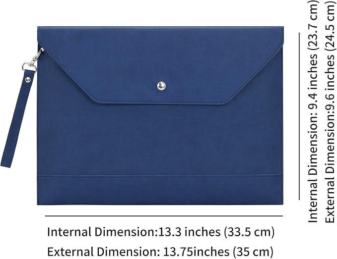 Wonderpool Envelope Case A4 PU Leather File Jacket Pocket Folder Document Case Bag with Removable Hand Strap and 4 Pocket for Documents Tablet Phone Stationery (Dark Blue)