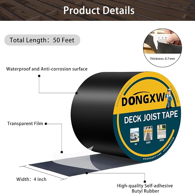 Dongxw Joist Tape for Decking, 1 Roll 4" X 50' Waterproof Butyl Tape Deck Joist Flashing Tape for Joists and Beams
