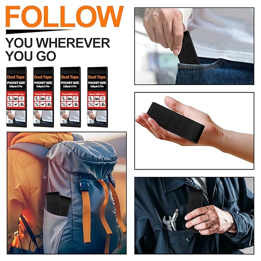 4 Pack 1.77 in x 10 ft Travel Duct Tape Mini Pocket Size Flat Roll Flexible Heavy Duty Waterproof Tear by Hand for Repair Outdoor Emergency Gear EDC DIY Craft Camping Hiking (Black)