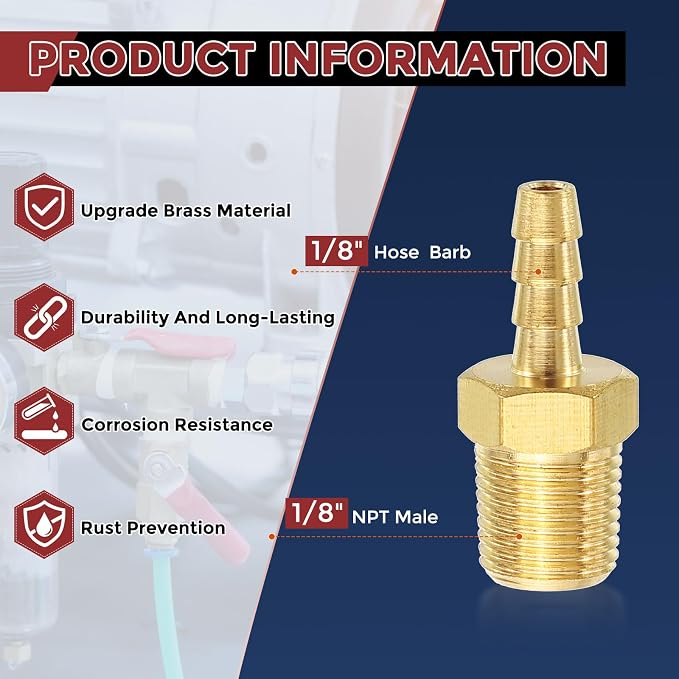 Pack of 3 Brass Hose Barb Fittings Adapter Connector 1/8" Hose Barb to 1/8" NPT Male Fittings for Home Machines, Massage Bathtubs, and Irrigation Systems