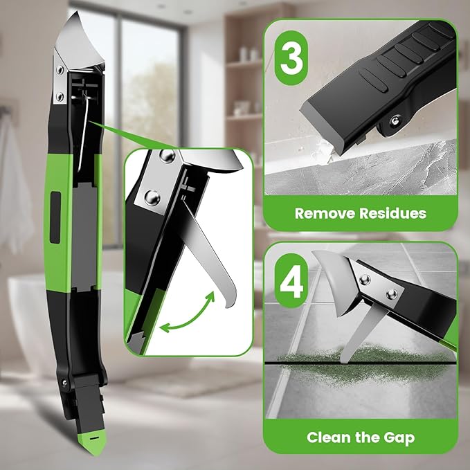 6 in 1 Silicone Caulking Tool Kit with Caulk Grout Remover Tool Sealant Finishing & Smoothing Tool, Grout Scraper, 6 Reusable Pads and Adhesive Residue Scraper for Kitchen Bathroom Tile Sink (Green)