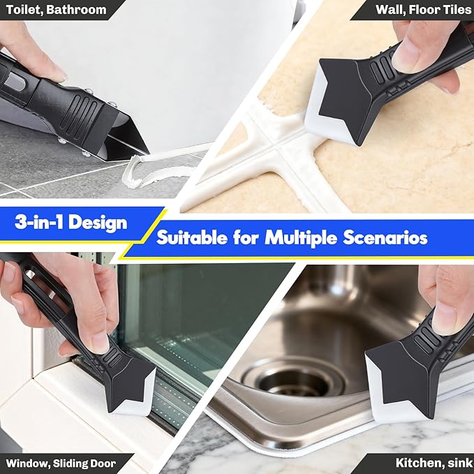 Silicone Caulking Tool Kit 3 in 1, Glass Glue Angle Scraper, Stainless Steelhead Caulk Remover and Sealant Scraper, for Kitchen Bathroom Window and Frames Sealant Seals