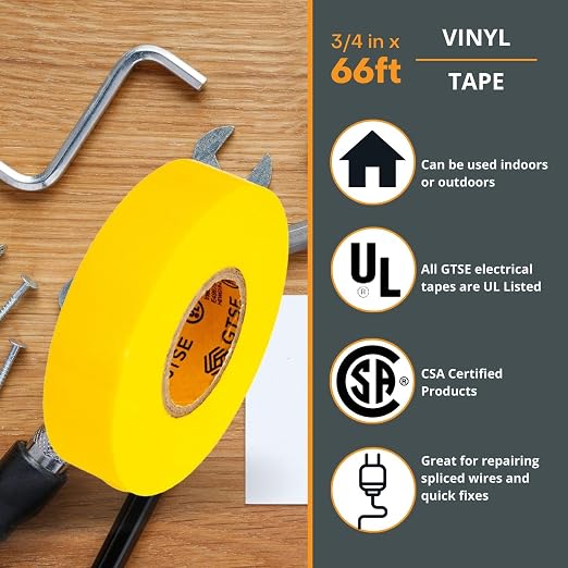 GTSE Yellow Electrical Tape, 10 Rolls – Waterproof, Industrial Grade Vinyl, 3/4 in x 66ft– Strong Self-Adhesive PVC Electric Tape for Wire Insulation, 7 Mil, 600V – UL/CSA Listed