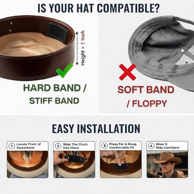 Cowboy Hat Retainer, Silicone Hat Size Reducer Rodeo | hard sweatband fit, leather band compatibility, hidden interior grip, wind control, felt and straw styles, rider accessory