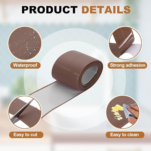 uxcell Caulk Tape Waterproof, 1.5 Inch x 4.92 ft Self-Adhesive Sealant Sealing Strip Caulking Sealant Tape PVC with Tool for Kitchen Sink Toilet Bathroom Bathtub Floor, Brown