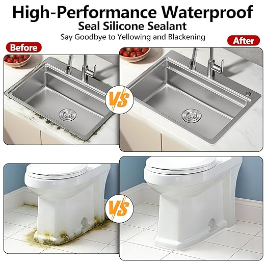LISRUX Advanced Clear Silicone Caulk for Kitchen & Bathroom,10 fl oz Cartridge,1 Pack,100% Waterproof RTV Silicone Sealant,Stronger Adhesion,Shrink & Crack Proof