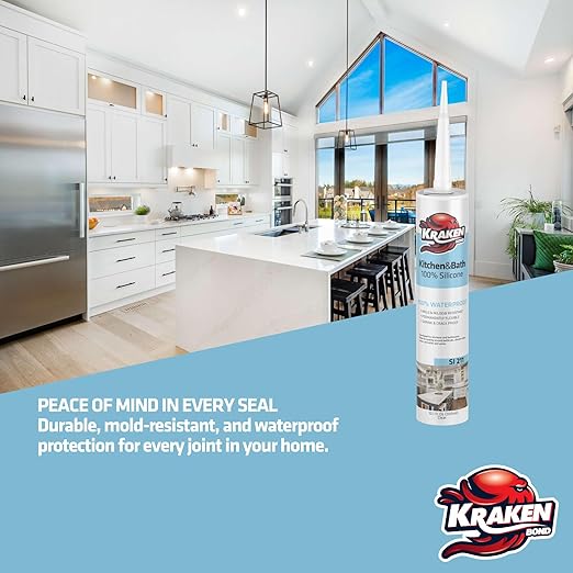 Kraken Bond Premium Kitchen and Bathroom Silicone Caulk Clear - (2x10.1 fl.oz) RTV Clear Silicone Sealant Waterproof for Kitchen, Bathroom, Shower, Sink, Anti Shrink 100% Silicone Caulking | 2 Pack