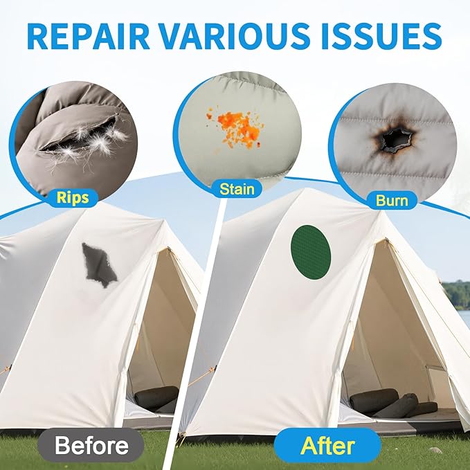 Waterproof Nylon Fabric Repair Tape Tent Repair Kit, 4pcs Outdoor Gear Tenacious Fix Tape, Self-Adhesive Fabric Patches for Clothes, Down Puffer Jacket, Tent, Sleeping Bag, Backpack, Green