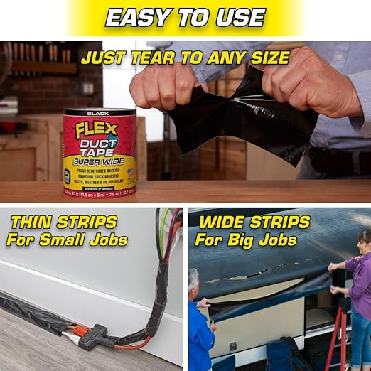 Flex Duct Tape, Super Wide, 4.6 Inches x 20 Feet, Black, Heavy Duty Strong, Multi-Surface, Water, Weather and UV Resistant, Tearable, Perfect for Boxes, No Residue