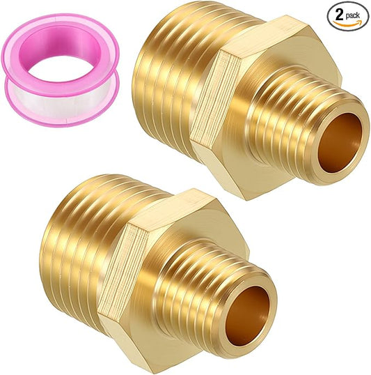 Pack of 2, 1/2" MNPT to 1/4" MNPT Solid Brass Hex Nipple Hose Connectors W/Sealing Tape, Male Pipe Adapter for Pipe Leak Repair, Bathroom Remodeling, Tool Extensions, Compression