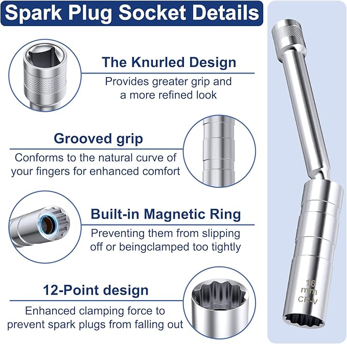 16mm Spark Plug Socket, Thin Wall 3/8" Drive Spark Plug Socket Removal Tool, 12 Point x 5.9" Total Length, 360 Degree Magnetic Swivel 5/8" Spark Plugs Socket for Most Car Models