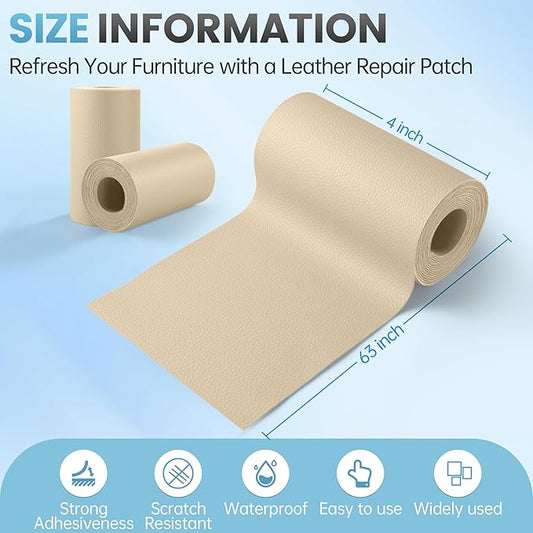 Sgooyir Leather Repair Patch Tape Kit, 4" x 63" Self Adhesive Leather Repair Patch for Furniture, Vinyl Leather Repair Kit for Car Seat, Chairs, Couch, Sofa, Boat Light Beige