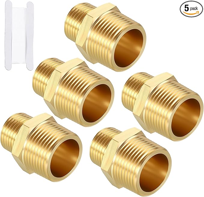 Pack of 5, 3/4" MNPT To 1/2" MNPT Solid Brass Hex Nipple Hose Connectors W/Sealing Tapes, Male Pipe Adapter for Pipe Leak Repair, Bathroom Remodeling, Tool Extension, Compression