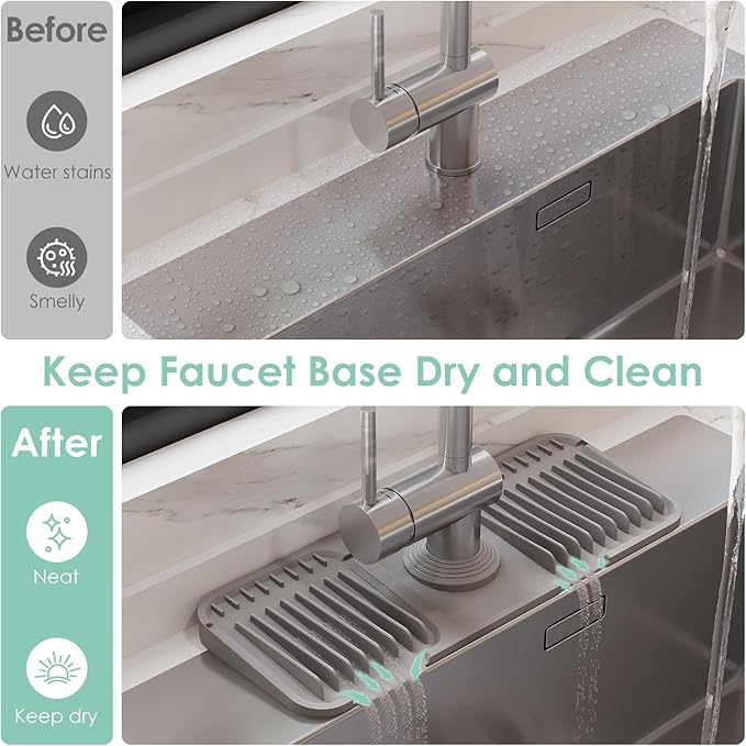 24 Inch Silicone Faucet Mat for Kitchen Sink Splash Guard - 7° Slope Water Draining Mat With Fasten Button for Bathroom Area (Gray, 14.6''x5.5'')