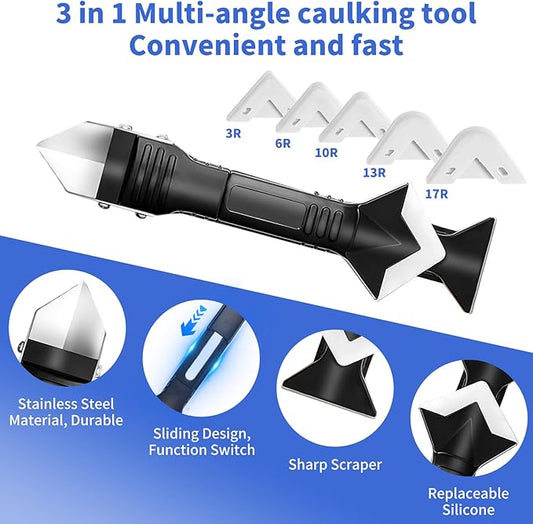 Caulking Tool Kit,Caulk Remover Tool,3 in 1Silicone Caulking Tool Kit, Grout Scraper, Reuse and Replace 5 Silicone Pads, Bathroom, Kitchen, Floor, Window, Sink Joint, Frames Seal Tools (23 PCS)