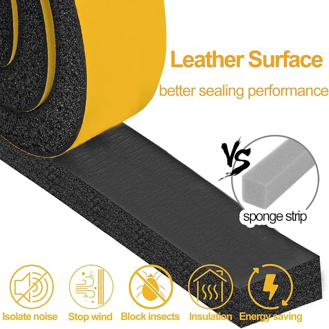 High Density Foam Tape Air Conditioner Window Seal, 2x1 Inch Thick Foam Stripe with Adhesive for Window AC Insulation, Weather Stripping for Doors and Windows Insulation, AC Foam Tape, Black