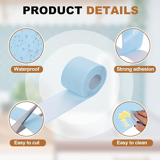 uxcell Caulk Tape Waterproof, 1.5 Inch x 10.5 ft Self-Adhesive Sealant Sealing Strip Caulking Sealant Tape PVC with Tool for Kitchen Sink Toilet Bathroom Bathtub Floor, Blue