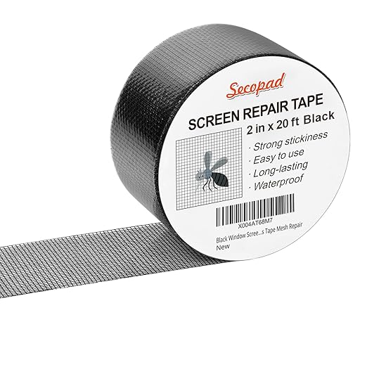 Secopad Black Window Screen Repair Tape, 2IN X 20FT Screen Repair Kit for Windows or Doors, Strong Adhesive Fiberglass Mesh Patch Tape