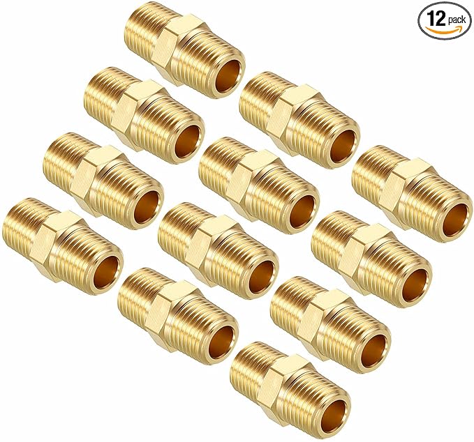 Pack of 12, 1/8" Male NPT to 1/8" Male NPT Solid Brass Hex Nipple Hose Connectors, Male Pipe Adapter for Pipe Leak Repair, Bathroom Remodeling, Tool Extensions, Compression