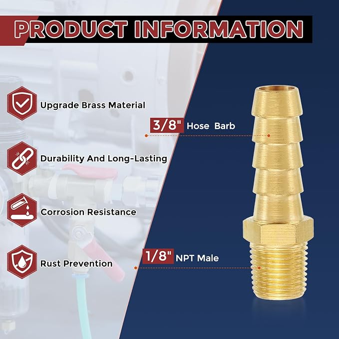 Pack of 1 Brass Hose Barb Fittings Adapter Connector 3/8" Hose Barb to 1/8" NPT Male Fittings for Home Machines, Massage Bathtubs, and Irrigation Systems