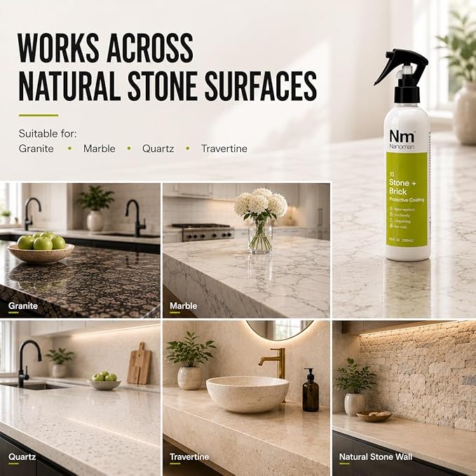 Nanoman Stone and Brick Sealer 8.4 fl oz; Marble Granite Quartz Stone Brick Concrete Grout Sealer and Protectant; Cleaner Sealant Protector & Care Spray for Kitchen and Bathroom Benches and Surfaces