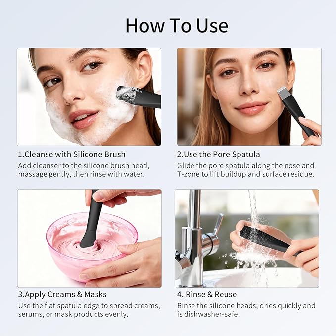 Blackhead Remover Tool, Stainless Steel Face Scraper, Skin Scrubber Face Spatula for Deep Cleansing, 3-in-1 Skin Care Tool with Blackhead Scraper, Mask Applicator & 2 Silicone Heads (Black)