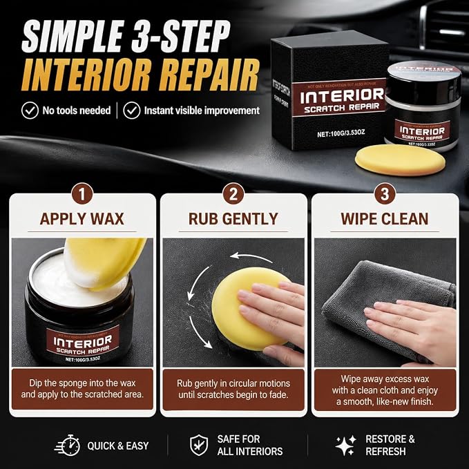 Car Interior Scratch Remover Wax – Dashboard & Leather Repair, 100g | Restores faded plastic and vinyl trim. Fills scuffs and wear marks. Complete DIY kit with sponge for auto renewal