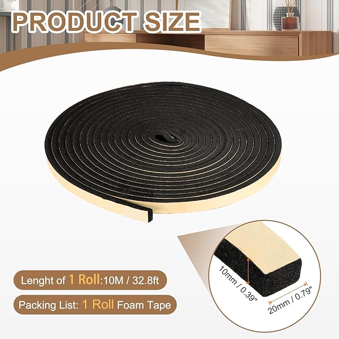 PATIKIL Foam Insulation Tape, 3/4" W x 3/8" t x 32.8FT Self Adhesive Weather Stripping Door Seal Strip for Door Window Air Conditioning, Black
