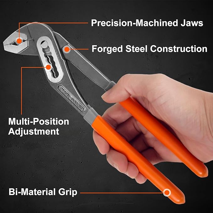 2-Piece Water Pump Pliers Set, 8" & 10" Quick-Adjust Groove Joint Pliers, Forged Carbon Steel with Bi-Material Grip for Plumbing, Auto, DIY & Home Repair