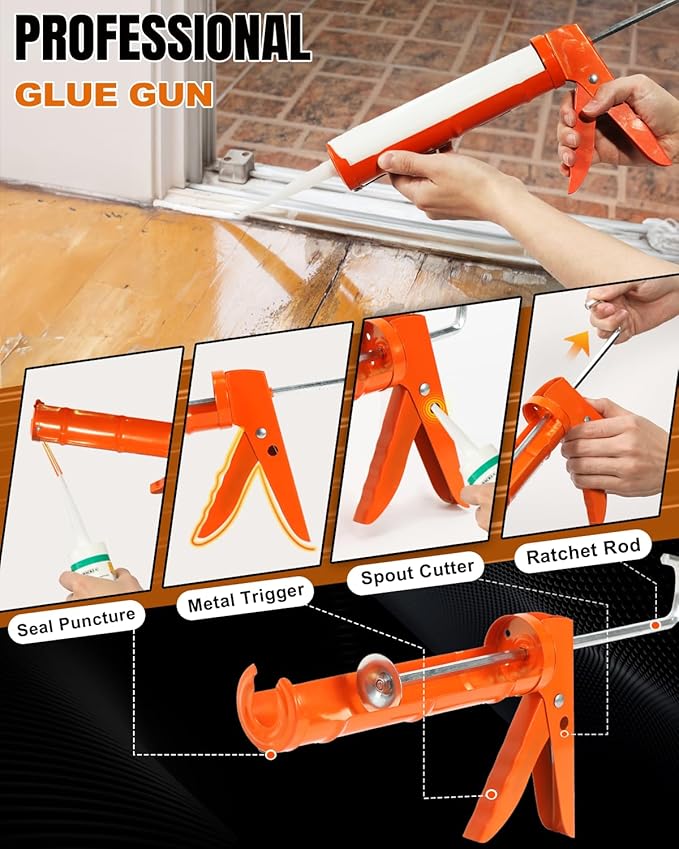 Holothurian Caulking Gun, Caulk Gun No Drip,Sealant Finishing Tool Grout Scraper for Kitchen Bathroom Window Sink Joint, 1/10 Gallon Cartridge, 10:1 Thrust Ratio, Orange
