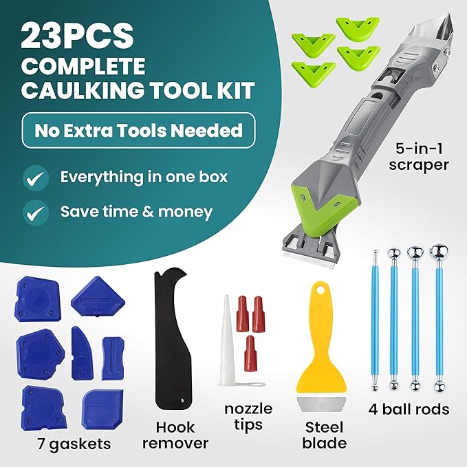 Caulking Tool Kit 23PCS – Complete Silicone Caulk Remover, Grout Scraper, Sealant Finishing Tool & Smoothing Pads – No Extra Tools Needed – Bathroom, Kitchen, Window & Floor