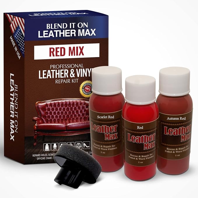 Leather Max Quick Blend Refinish and Repair Kit, Restore Couches, Recolor Furniture & Repair Car Seats, Jackets, Sofa, Boots / 3 Color Shades to Blend with/Leather Vinyl Bonded and More (Red Mix)